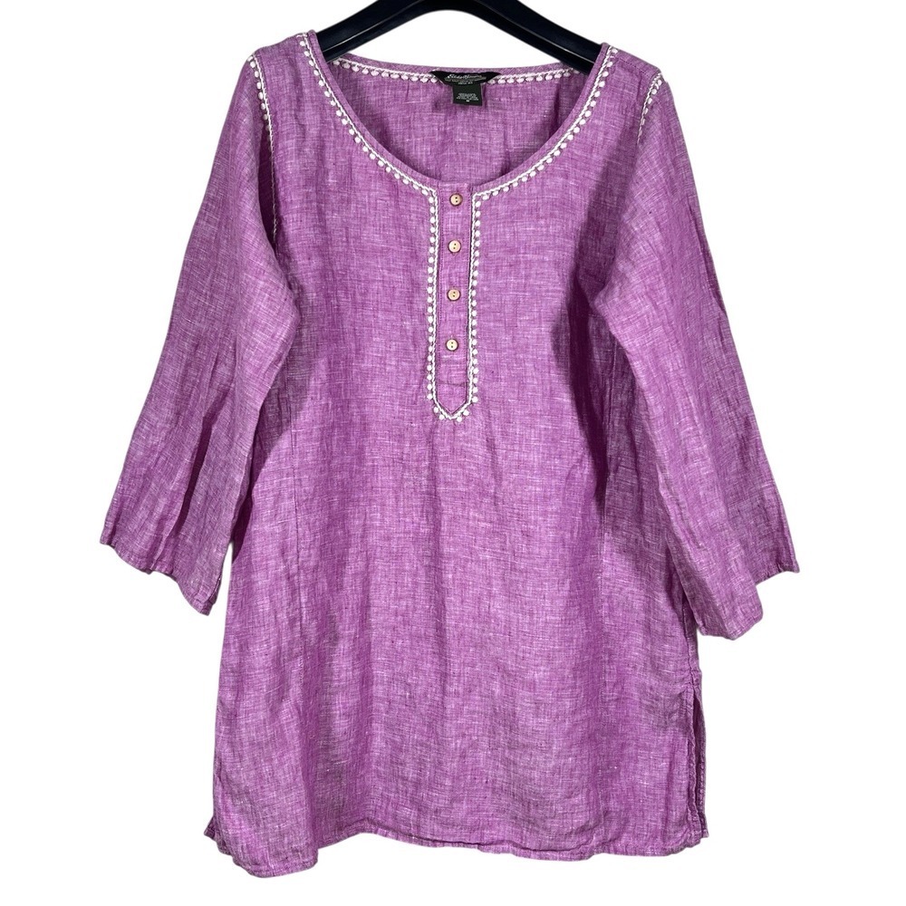 Eddie Bauer 100% Linen Tunic Womens M Purple 3/4 Sleeve Boho Peasant Hippie